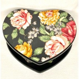 Jewelry Box Heart Shape Black Wood Floral Pattern